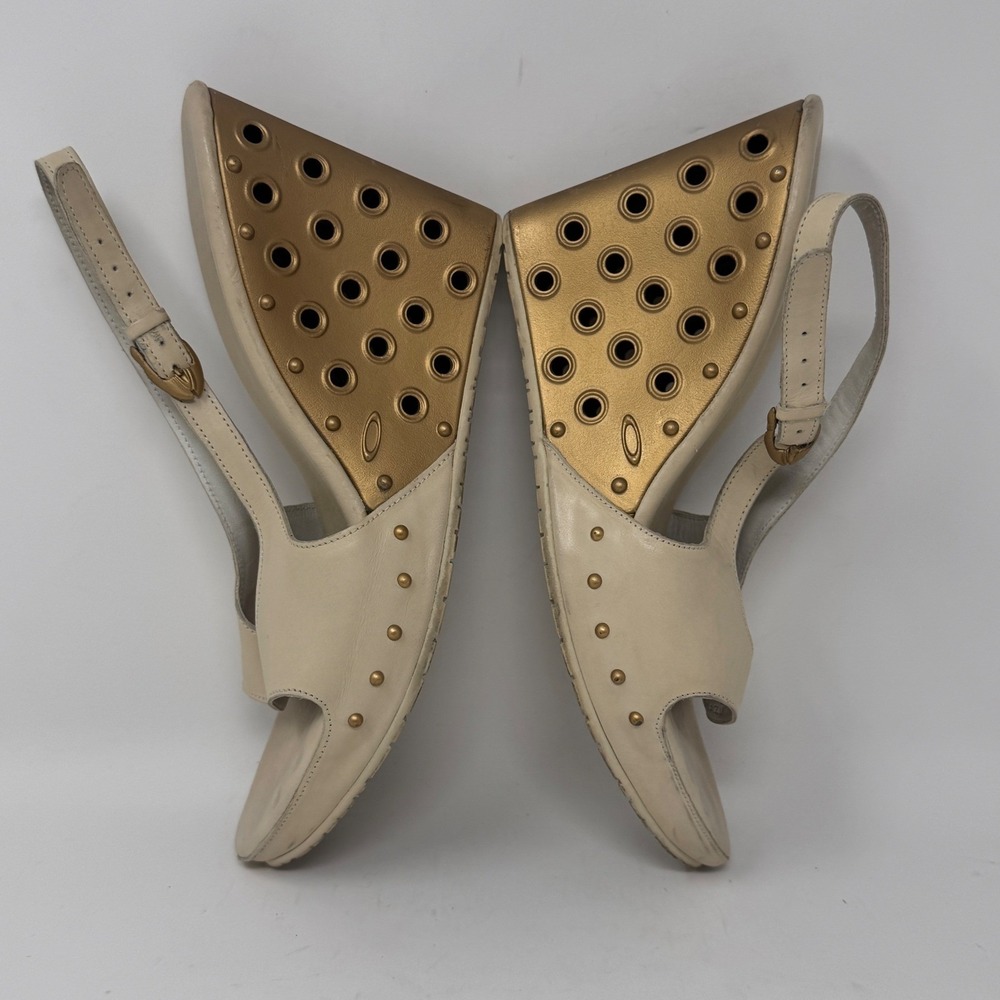 Vintage Oakley Hollow Point Wedge Heel Sandals Cream/Gold Size 8.5 - Picture 2 of 9